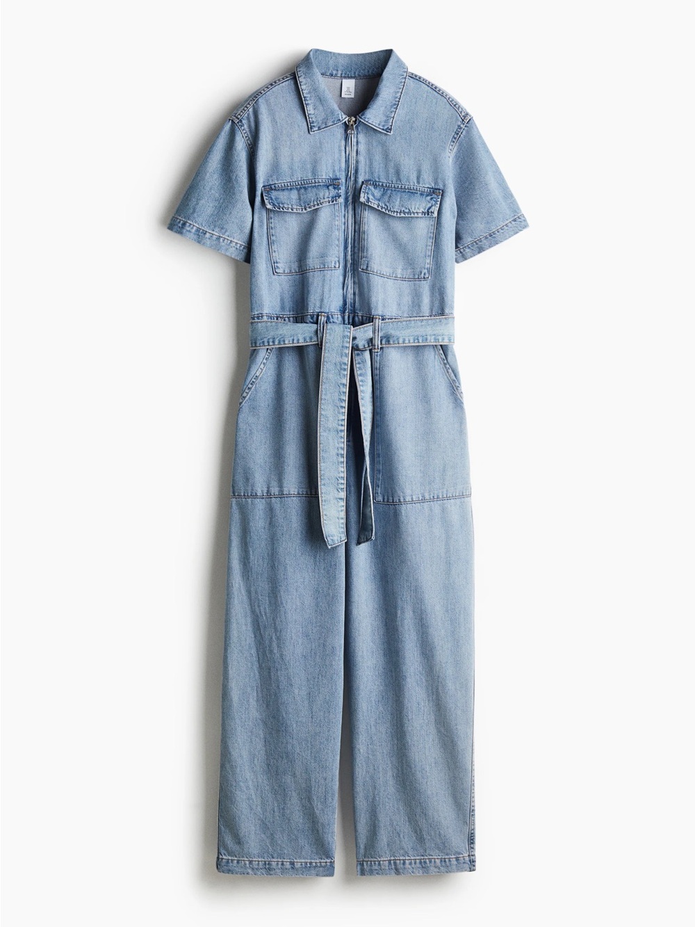 H&M Light Blue Denim Short-Sleeve Boilersuit Jumpsuit with Tie Waist